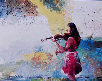 turmericcolor Card, Greeting card, The violinist, violin & music, Girl playing the violin, Blank card, 5x7 blank card with envelope