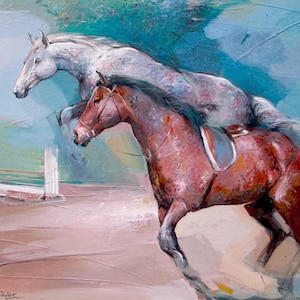 May include: An abstract painting of two horses in motion. One horse is a light grey color, and the other is a reddish-brown color. The horses are depicted in a dynamic pose, possibly jumping over a fence. The background features a mix of blue, white, and pink hues.