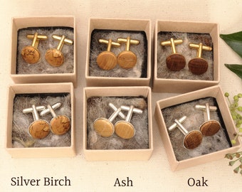 Wooden Cufflinks Sustainably made from Native British Trees with Silver or Gold Plated Backs - Silver Birch, Ash or Oak