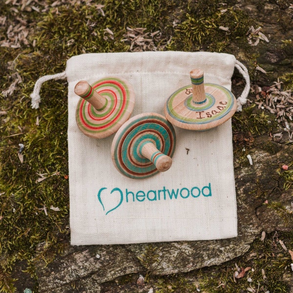 Wooden Spinning Tops - Personalised Set of Three in a Cotton Gift Bag - Traditional Wooden Toy