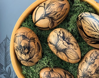 spring garden wooden eggs, boxed set of 6 | modern floral easter eggs | hanging or standard decorations