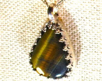 genuine tiger eye cabachon handmade sterling silver pendant necklace