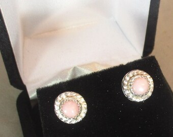 natural Peruvian pink opal gemstones handmade sterling silver stud earrings