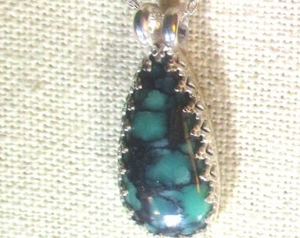 natural Arizona spider web turquoise gemstone handmade sterling silver pendant necklace