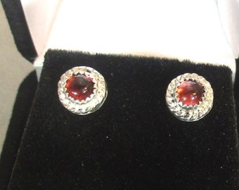 natural red garnet cabachon gemstone handmade sterling silver stud  earrings