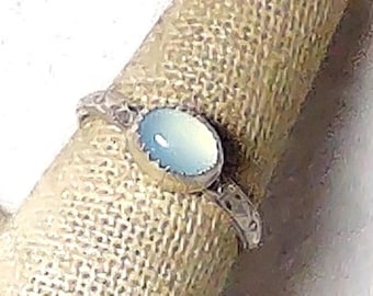 natural Peruvian blue chalcedony gemstone set in handmade sterling silver ring size 8 1/2