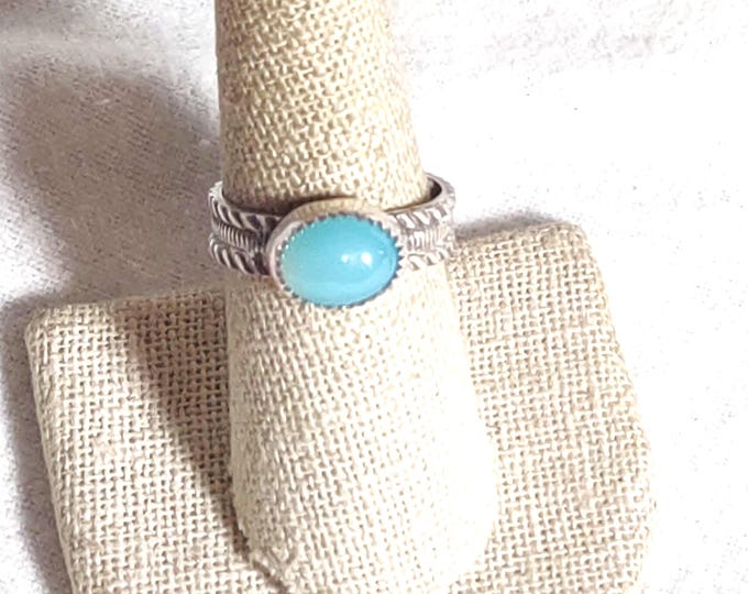 Featured listing image: natural Peruvian blue chalcedony gemstone in handmade sterling silver ring size 8.5