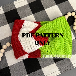 May include: A red, white, and green knitted headband with the text "PDF PATTERN ONLY" and the social media handle "@CITRINE_CREATIONS_BYC".