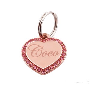Custom Engraved Personalized Rose Gold Plate SMALL Heart Shape w/ Pink Cubic Rhinestone Dog Tag Pet ID Name