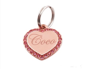 Custom Engraved Personalized Rose Gold Plate SMALL Heart Shape w/ Pink Cubic Rhinestone Dog Tag Pet ID Name