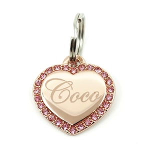 Custom Engraved Personalized Gold-Plated SMALL Heart Shape w/ Pink Rhinestone Pet Jewelry Cat Dog ID Tag