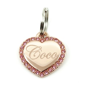 Custom Engraved Personalized Gold-Plated SMALL Heart Shape w/ Pink Rhinestone Pet Jewelry Cat Dog ID Tag