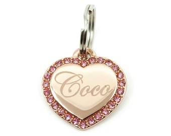 Custom Engraved Personalized Gold-Plated SMALL Heart Shape w/ Pink Rhinestone Pet Jewelry Cat Dog ID Tag