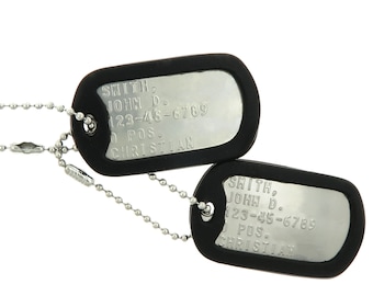 Custom Embossed Personalized Military Issue Stainless Steel Army Navy USMC AF ID Dog Tags Set