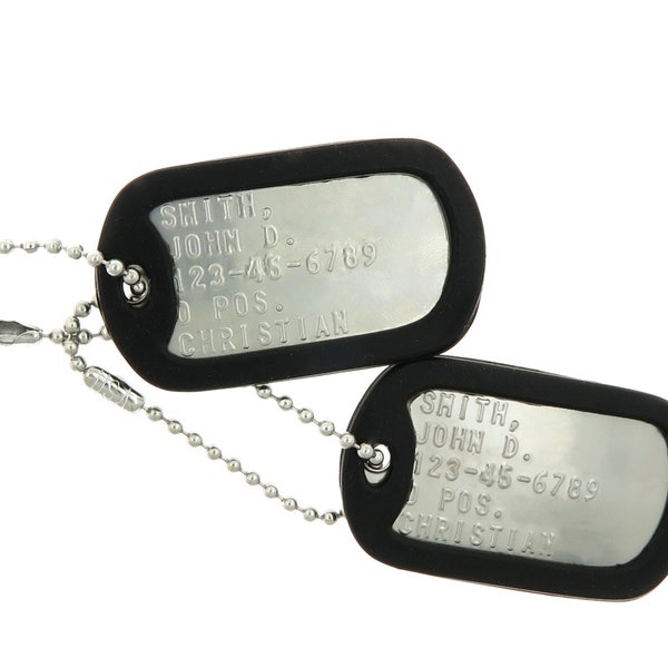 Custom Embossed Personalized Military Issue Stainless Steel Army Navy USMC AF ID Dog Tags Set