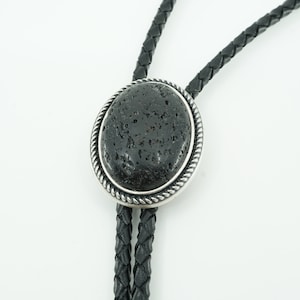 Hand Made Cabochon Oval Lava Rock Black Gemstone Western Leather Bolo Neck Tie