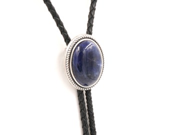 Hand Made Natural Blue Sodalite Stone Western Leather Bolo Neck Tie