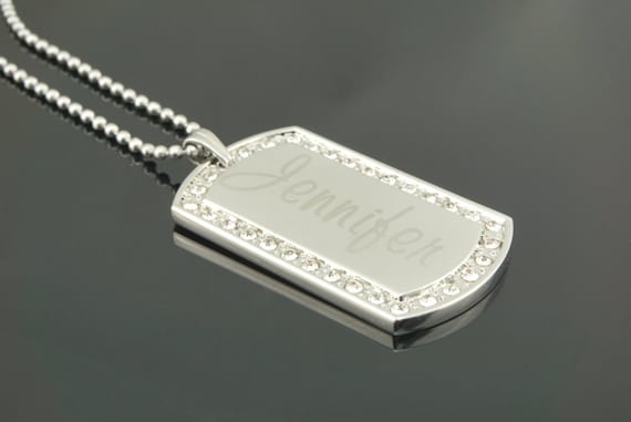 Collana Con Ciondolo Targhetta Cane In Acciaio Inox Con Cristalli Neri