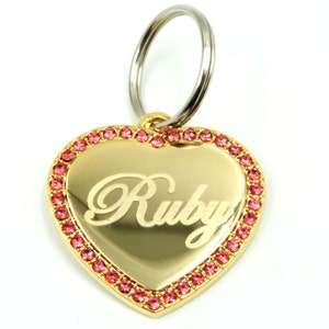 Custom Engraved Personalized Gold Plated Heart Shape w/ Pink Rhinestones Pet Jewelry ID Dog Tag