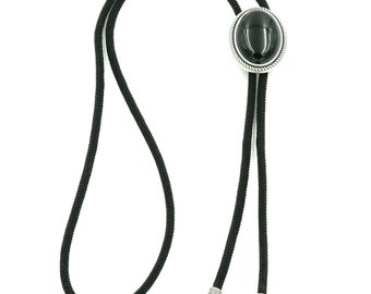 Hand Made Natural Black Onyx Stone Western Braided Fabric Bolo Neck Tie