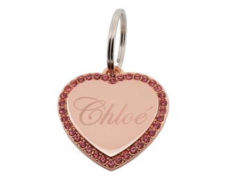 Custom Engraved Personalized Rose Gold Plated Heart Shape w/ Pink Rhinestones Pet Jewelry ID Dog Tag