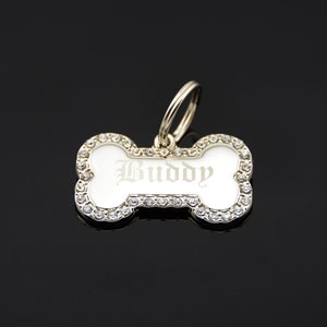 Custom Engraved Personalized Small Bone Shape w/ Clear Rhinestones Crystals Dog Tag Pet ID Name