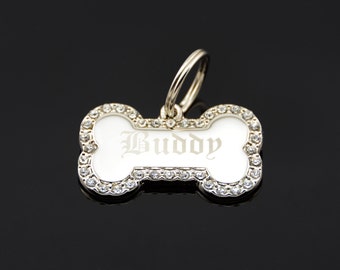 Custom Engraved Personalized Small Bone Shape w/ Swarovski Crystals Dog Tag Pet ID Name