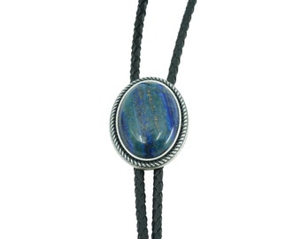 Hand Made Cabochon Oval Blue Lapis Gemstone Western Leather Bolo Neck Tie