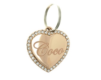 Custom Engraved Personalized Rose Gold Plated Heart Shape w/ Clear Rhinestones Pet Jewelry ID Dog Tag