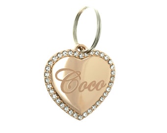 Etiqueta de perro de identificación de joyería para mascotas chapada en oro rosa personalizada grabada personalizada con forma de corazón con diamantes de imitación transparentes