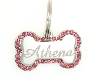 Custom Engraved Personalized Stainless Steel Small Bone Shape w/ Pink Crystals Dog Tag Pet ID Name