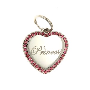 Custom Engraved Personalized Stainless Steel Heart Shape w/ Pink Rhinestones  Dog Tag Pet ID Name