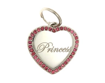 Custom Engraved Personalized Stainless Steel Heart Shape w/ Pink Rhinestones  Dog Tag Pet ID Name