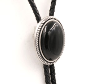 Hand Made Natural Black Onyx Stone Western Leather Bolo Neck Tie