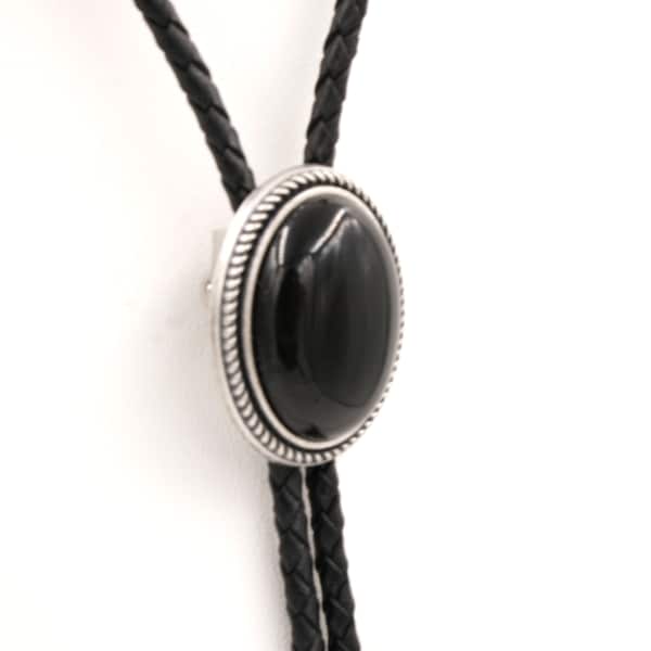 Hand Made Natural Black Onyx Stone Western Leather Bolo Neck Tie
