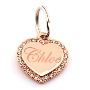 Custom Engraved Personalized Rose Gold Plate SMALL Heart Shape w/ Cubic Rhinestone Dog Tag Pet ID Name