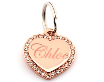 Custom Engraved Personalized Rose Gold Plate SMALL Heart Shape w/ Cubic Rhinestone Dog Tag Pet ID Name
