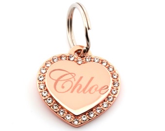 Custom Engraved Personalized Rose Gold Plate SMALL Heart Shape w/ Cubic Rhinestone Dog Tag Pet ID Name