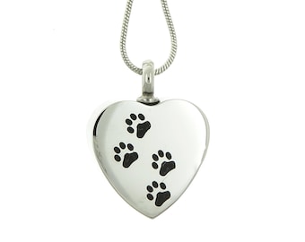 Custom Engraved Pet Paws Stainless Steel Heart Pet Cremation Urn Pendant Necklace