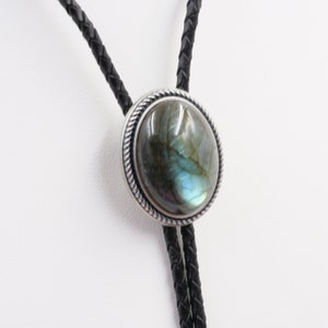 Hand Made Natural Labradorite Stone Western Leather Bolo Neck Tie