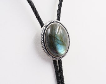 Hand Made Natural Labradorite Stone Western Leather Bolo Neck Tie