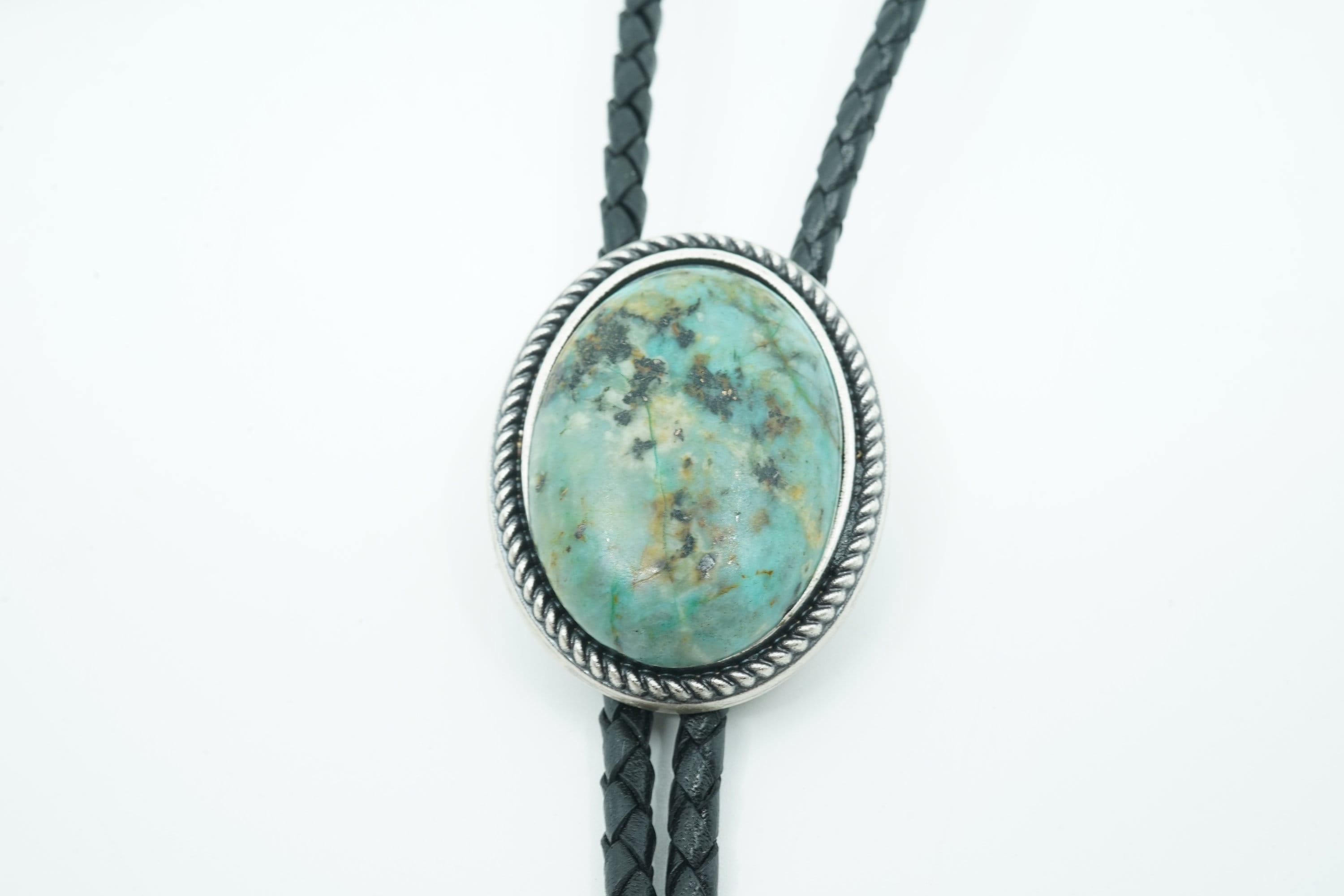 Hand Made African Turquois Cabochon Oval Gemstone Western Leather Bolo Neck Tie
