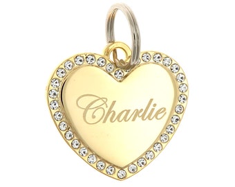 Custom Engraved Personalized Gold Plated Heart Shape w/ Clear Rhinestones Dog Tag Pet ID Name