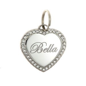 Custom Engraved Personalized Stainless Steel Heart Shape w/ Clear Rhinestones Dog Tag Pet ID Name