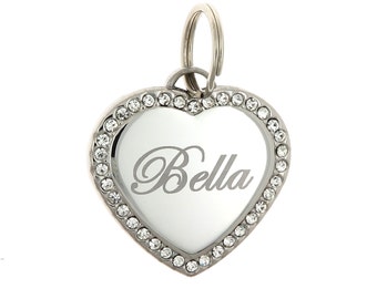 Custom Engraved Personalized Stainless Steel Heart Shape w/ Clear Rhinestones Dog Tag Pet ID Name