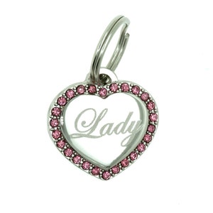 Custom Engraved Personalized Stainless Steel SMALL Heart Shape w/ Pink Cubic Rhinestone Dog Tag Pet ID Name