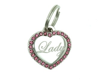 Custom Engraved Personalized Stainless Steel SMALL Heart Shape w/ Pink Cubic Rhinestone Dog Tag Pet ID Name