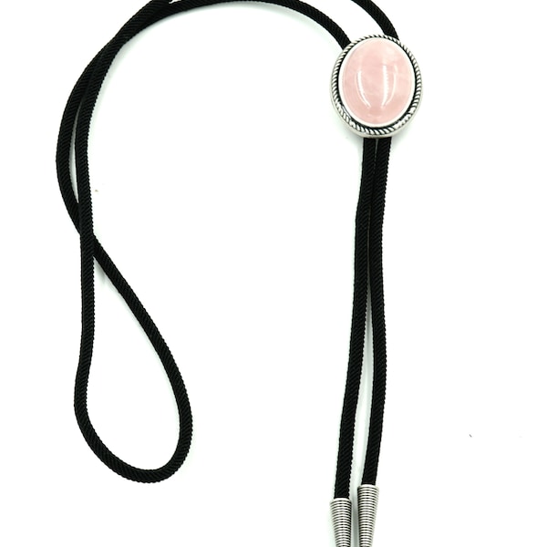 Hand Made Natural Rose Quartz Stone Western Braided Fabric Bolo Neck Tie