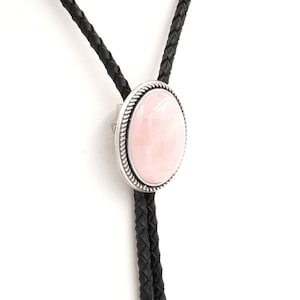 Hand Made Natural Rose Quartz Stone Western Leather Bolo Neck Tie