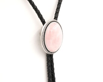 Hand Made Natural Rose Quartz Stone Western Leather Bolo Neck Tie